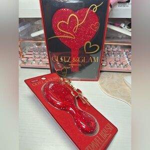 Glitz & Glam Red Rhinestone Heart Handheld Mirror New and hair brush  BUNDLE